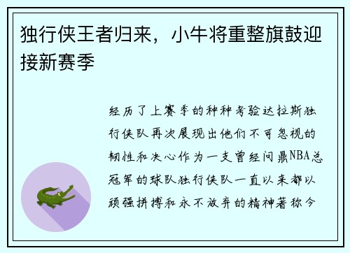 独行侠王者归来，小牛将重整旗鼓迎接新赛季